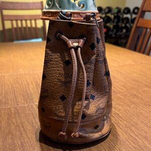 MCM Tan Mini Bucket Bag with Black Accents